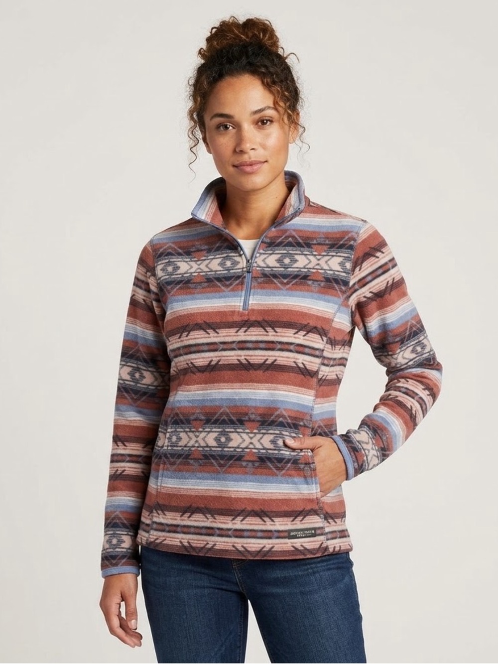 Eddie Bauer Aztec-Print Quarter-Zip Fleece Pullover in Rust and Blue, Size Small
